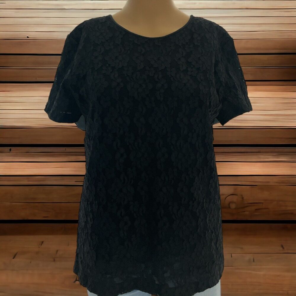 Talbots Top Black Floral Lace Overlay T-Shirt Short Sleeve Scoop Neck Sz/ S